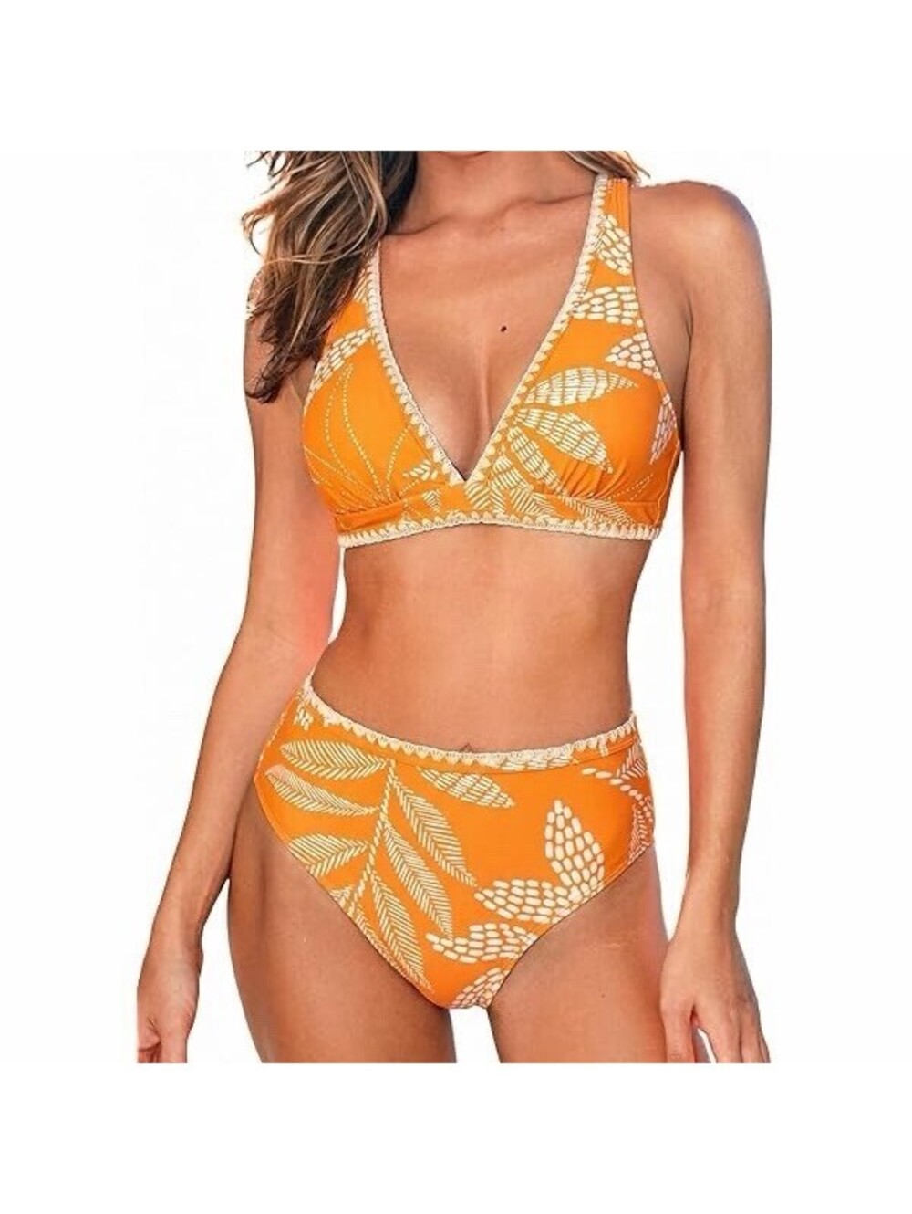 CUPSHE Tropical Halter High Waisted Bikini Set White Rust Orange Boho Large
